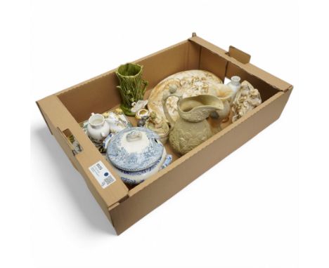 Oval plaster manger scene H31cm, two plaster figures, Victorian relief moulded pottery jug, Sylvac vase, sauce tureen and cov