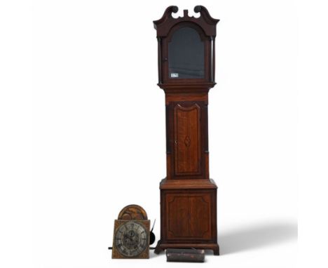 Late 18th century oak and mahogany 8-day longcase clock with a swans neck pediment and brass moon roller dial. With pendulum 