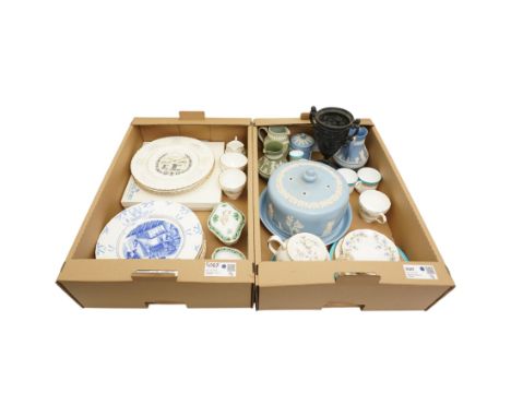 Wedgwood Jasperware style cheese dome and cover, with other Wedgwood jugs, Royal Worcester turquoise pattern tea wares, Crown