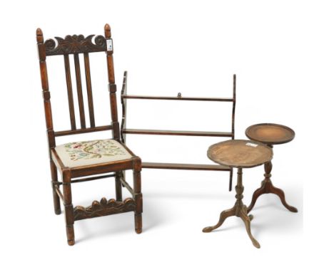 19th century Carolean design oak hall chair with tapestry seat; two Georgian design tripod tables; mahogany shelf (4)