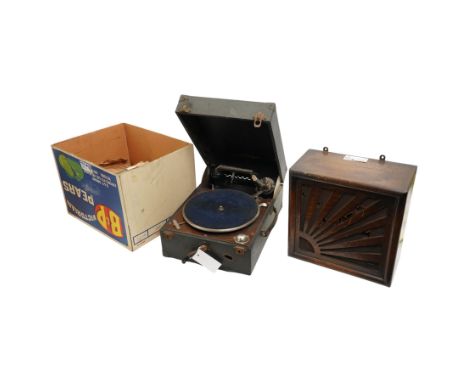 Columbia No.202 portable 'picnic' gramophone with integral winding handle and side carrying handle, L41cm; together with an O