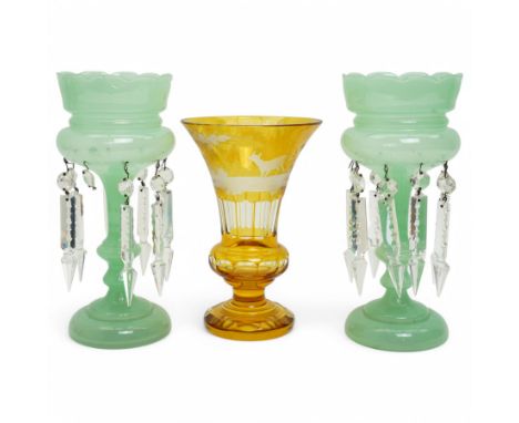 Pair of 19th century Jadeite green glass lustre vases H27cm and a Bohemian amber glass vase decorated with deer H23cm