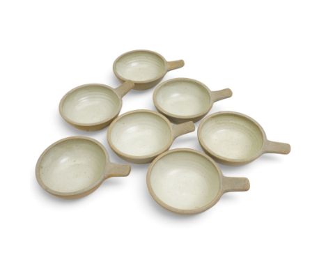 Set of seven Winchcombe studio pottery soup bowls, with impressed marks to bases, D17cm including handles