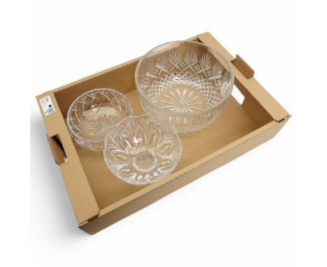 A Marquis by Waterford cut glass pedestal fruit bowl, decorated in the Canterbury pattern, together with two other crystal bo