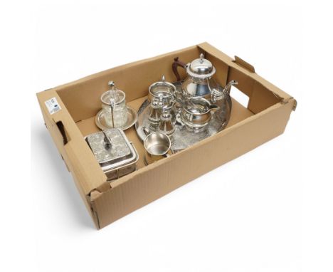 Silver plated items including tray, three piece coffee set, glass and plated sardine dish etc and a glass preserve jar with s