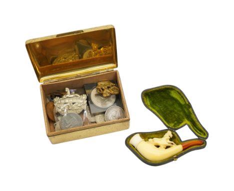 Early 19th century Stafford penny token, George III half crown 1817, other coins, badges and a Meerschaum pipe