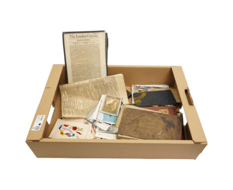 Quantity of postcards, WWI silks, stamp albums, Northern Echo newspaper 17th April 1912, cigarette cards etc