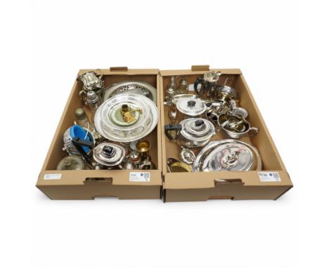 Large quantity of silver plate and other metalware items, including a James Deakin & Sons silver plate hip flask, contents in