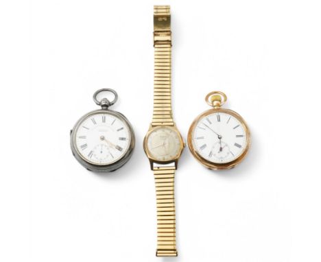 Gentleman's open face pocket watch with white enamel dial and subsidiary seconds dial in gold plated case, another 'The Expre