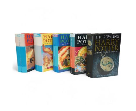J.K.Rowling - Five Harry Potter books with dust jackets, four marked First Edition, the Half Blood Prince with misprint on pa