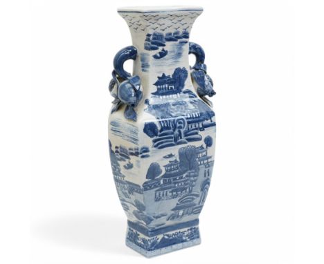 Large Masons Ironstone vase, decorated with blue and white Chinese scenery, the handles with fruit decoration, H47cm 