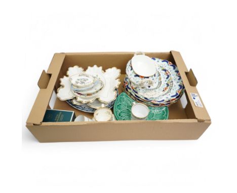 19th century Ironstone part dinner service, four Wedgwood leaf pattern plates, three 19th century coffee cans and other items