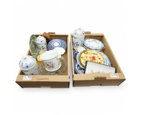 Early 19th century Rogers blue and white platter, other blue and white plates, ceramic door furniture, Palissy Game series bo