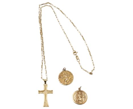 Two 9ct gold St Christopher pendants and an 18ct gold cross pendant, on a 9ct gold chain necklaceCondition Report:9ct approx 