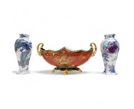 Carlton Ware two handled boat shape vase W33cm decorated with Chinese scenes and a pair of Gater Hall Mongolia pattern vases