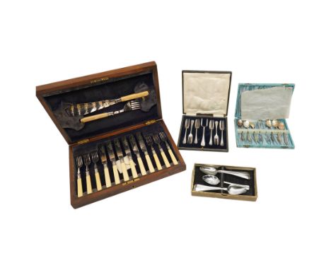 Canteen of silver plated fish knives and forks, two other cases of silver plate cutlery and one case of chrome plated spoons