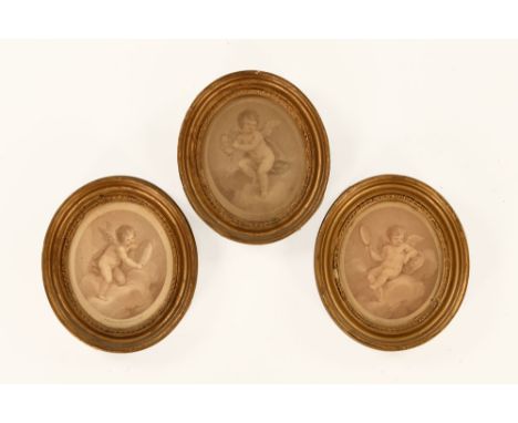 After F Bartolozzi R.A., a set of three oval lithographs of cherubs, each in round gilt frames, all 15 x 12 cm. CONDITION REP