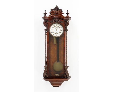 A Victorian walnut single weight Vienna style regulator wall clock.  Height 100 cm. CONDITION REPORT: The pediment is loose. 