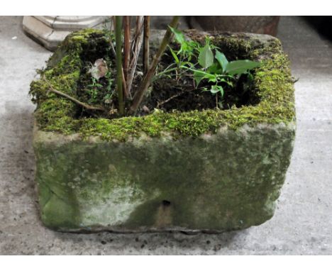 A sandstone trough, rectangular form.  Height 35 cm, width 64 cm, depth 50 cm.
