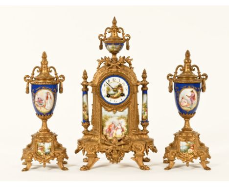 A 19th century spelter clock garniture, with Sevres style porcelain panels, the clock with two train striking movement comple