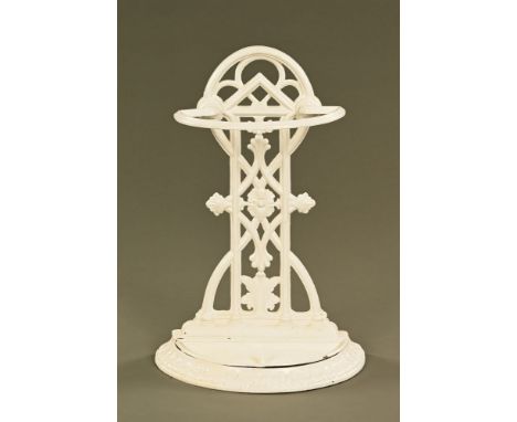 A Victorian style white painted cast iron demi lune stick stand.  Height 62 cm, width 43 cm.