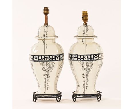 A pair of Wilton ware table lamps, vase form raised on metal bases.  Height excluding light fitting 37 cm.