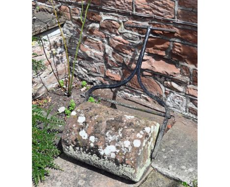 A Victorian sandstone garden roller, with iron handle, roller diameter 38 cm, width 53 cm, height 106 cm.