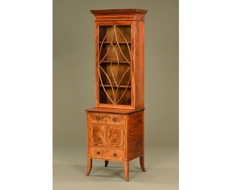 An inlaid mahogany display cabinet, with Greek key cornice above a glazed door with wooden astragals, the base fitted with dr