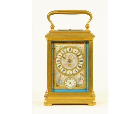A fine late 19th century French carriage clock, with Sevres style jewelled porcelain panels with both alarm and repeat mechan