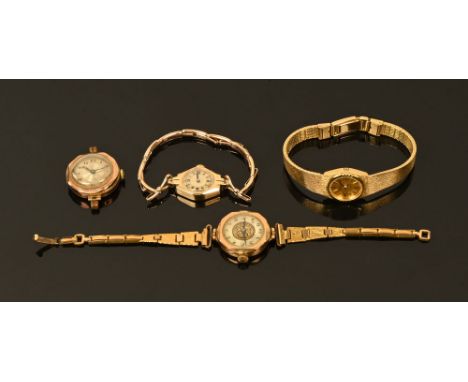 Three 9 ct gold cased ladies wristwatches, one with plated bracelet the other gold coloured and sprung but not hallmarked, to