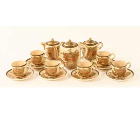 A Japanese Satsuma tea service, comprising 6 cups, 6 saucers, sugar basin, lidded jug and teapot, each with black and gilt se