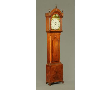 A George III mahogany longcase clock, with arched painted dial decorated with figures emblematic of the four seasons and with