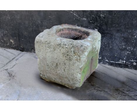 A large square form sandstone trough.  Height 48 cm, width 47 cm, depth 51 cm.