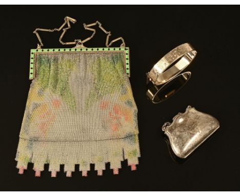 A leather jewellery case, with rolled gold bangle, silver coin purse, enamelled mesh purse and miscellaneous costume jeweller