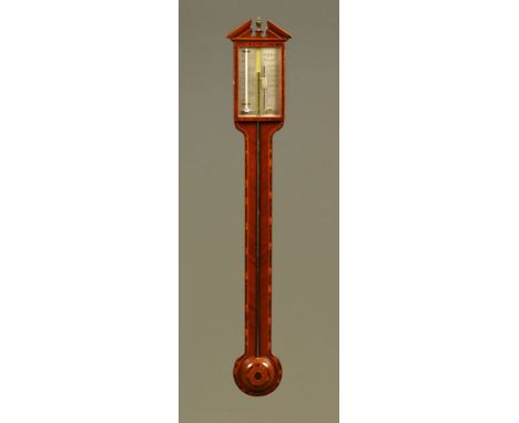 A George III inlaid mahogany stick barometer by R.H. Rae Dovemount, with exposed tube and turned cistern cover. Height 98 cm,