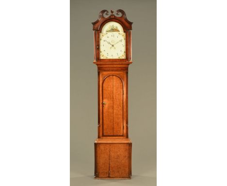 A George III oak cased 30 hour painted dial longcase clock, by Roper of Penrith, the swan neck pediment above a painted dial 