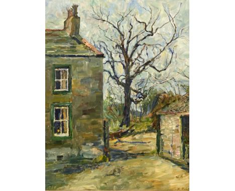 Rosetta Roberts, a view of a yard during the winter, signed R Roberts dated 1963, oil on canvas inscribed verso on the stretc
