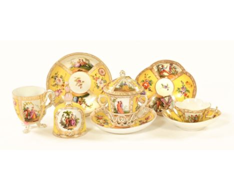 A collection of Dresden and similar cabinet cups and saucers, including a Helena Wolfsohn Augustus Rex trio, two cups and sau