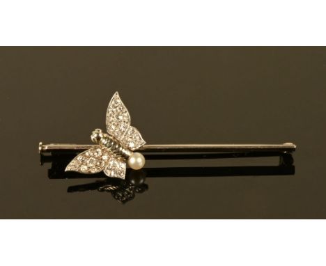 A white gold coloured metal stick pin, with diamond set butterfly with pearl to tail.  4.8 grams, length 53 mm (see illustrat