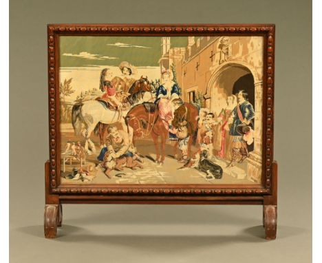 A William IV / Victorian rosewood tapestry fire screen, with moulded edge and raised on scroll supports.  Height 95 cm, width