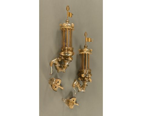 A pair of Venetian glass and brass cylindrical wall lanterns, with pennant surmounts.  Height 62 cm. CONDITION REPORT: The im