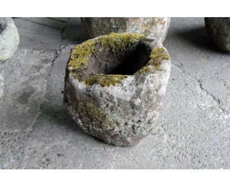 A large square form sandstone trough.  Height 43 cm, width 50 cm, depth 53 cm.