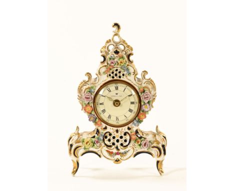 A Sandizell Dresden design floral encrusted porcelain clock.  Height 28 cm.