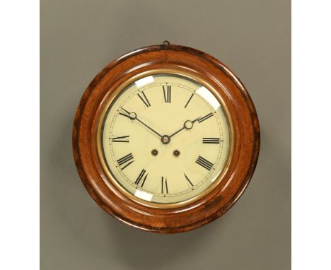 A late 19th century school type wall clock, with two train spring driven movement.  Case diameter 46 cm. CONDITION REPORT: Th