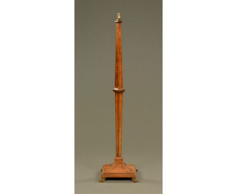 An Edwardian walnut ebony strung lamp standard, of faceted form with square base raised on short brass scroll feet.  CONDITIO