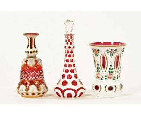 A 19th century bohemian glass milk glass overlay flask, together with a club shaped milk glass overlay flask and vase.  Talle