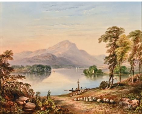 R Ablott, Loch Achray watercolour on a porcelain base, inscribed with artists name and title verso.  19 x 24 cm. CONDITION RE