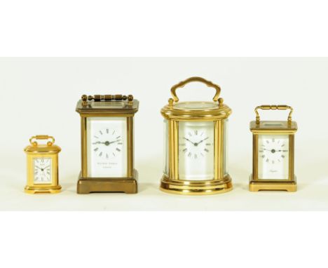A collection of four small carriage clocks, with the makers names Matthew Norman London, Angilus and Churchill quartz, all wi