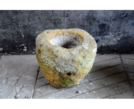 A sandstone trough, tapering cylindrical.  Height 42 cm, width 45 cm, depth 41 cm.