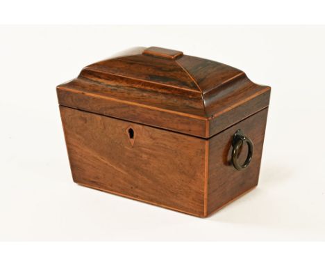 A George III rosewood tea caddy, with caddy top to two interior compartments, lead lined.  Height 16 cm, width 20 cm, depth 1